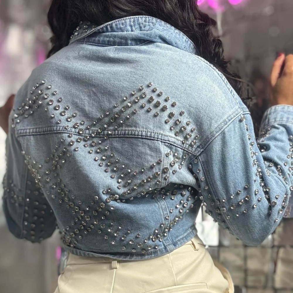 Rhinestone Studded Light Blue Denim Crop Jacket - Picture 2 of 8